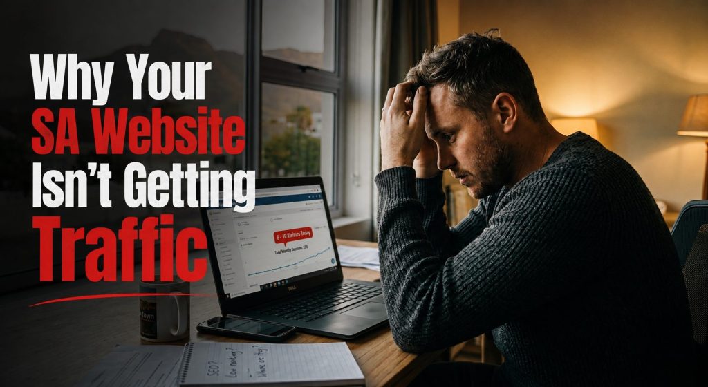 feature image - Why Your SA Website Isnt Getting Traffic - stressed in front of laptop