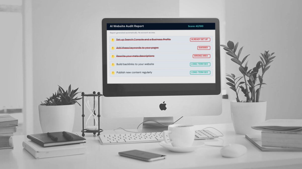 Desktop computer on a white desk showing an AI website audit report, with three findings crossed out in red and two marked long-term SEO
